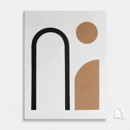 Pictura abstracta minimalista cu forme geometrice din vopsea acrilica, fundal alb, negru cu bej