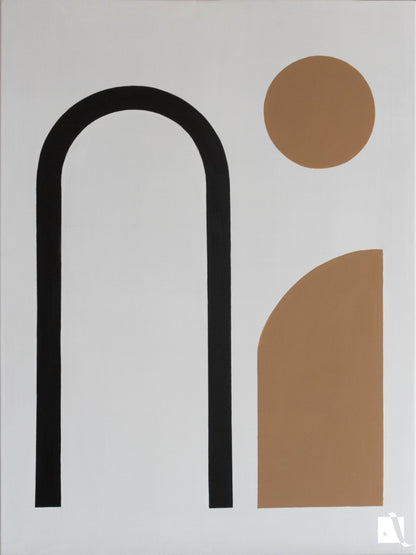 Pictura abstracta minimalista cu forme geometrice din vopsea acrilica, fundal alb, negru cu bej