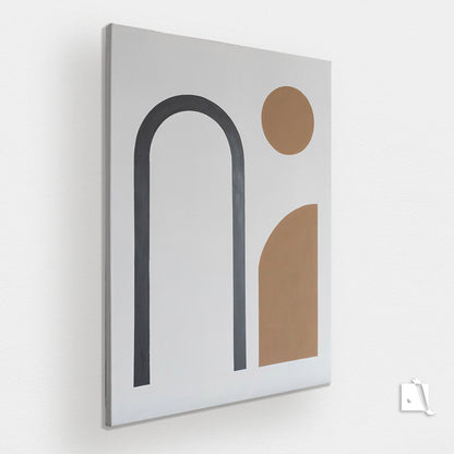 Pictura abstracta minimalista cu forme geometrice din vopsea acrilica, fundal alb, negru cu bej