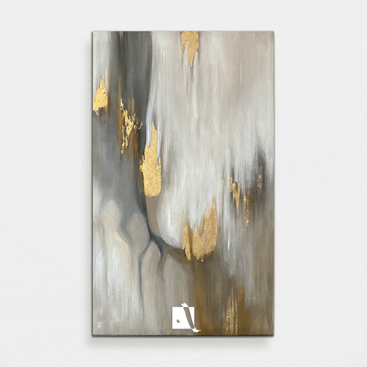 Pictura acrilica cu insertii de foita de aur, maro, gri, negru, alb, crem, auriu