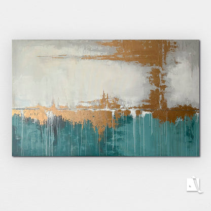 Pictura decorativa abstracta cu metalic auriu, bej si verde