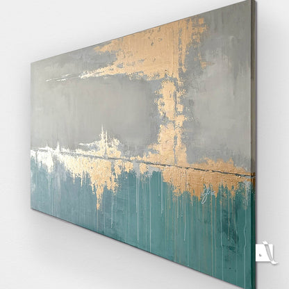 Pictura decorativa abstracta cu metalic auriu, bej si verde
