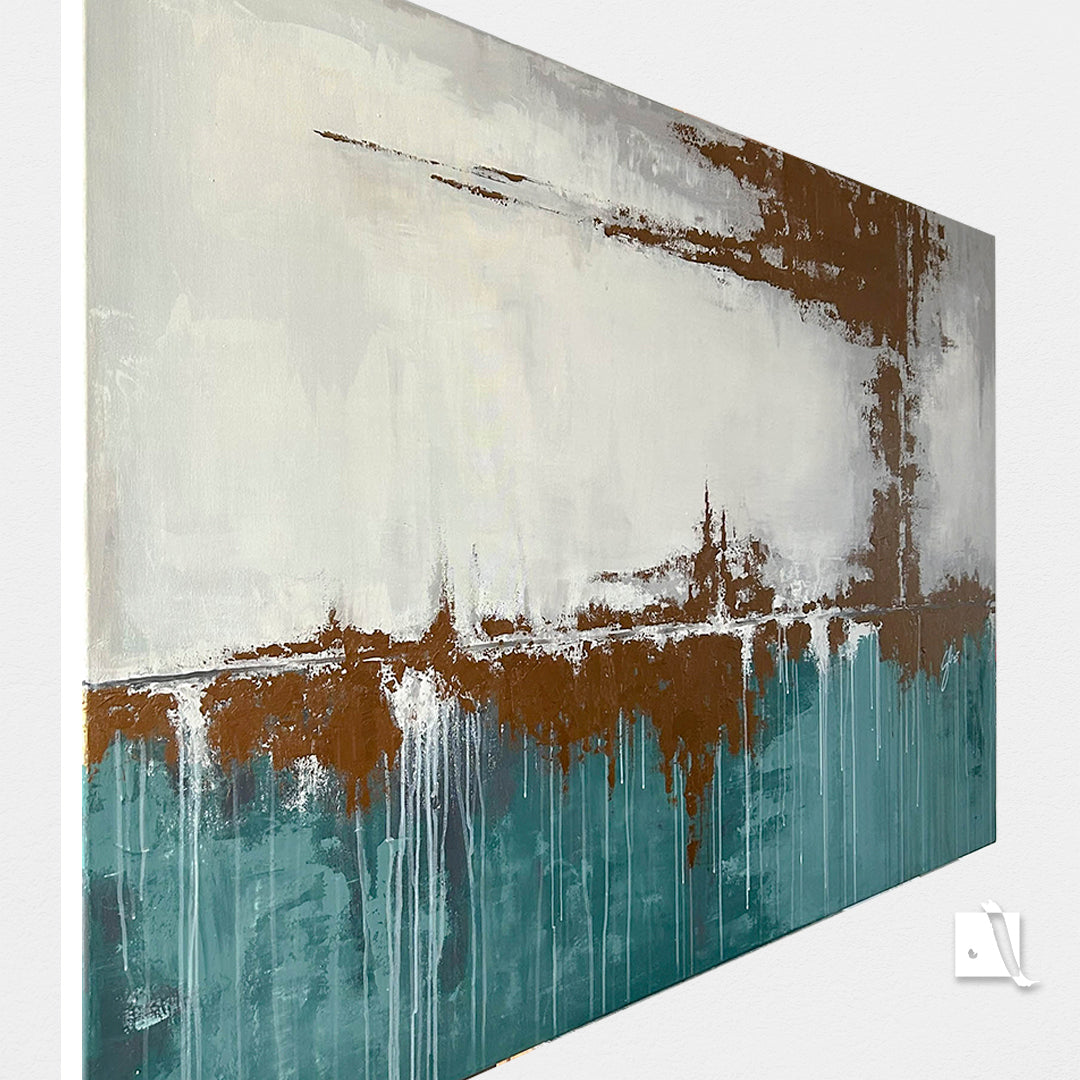 Pictura decorativa abstracta cu metalic auriu, bej si verde