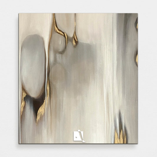 Pictura acrilica abstracta, minimalista cu insertii de foita de aur, maro, gri, negru, alb, crem, auriu