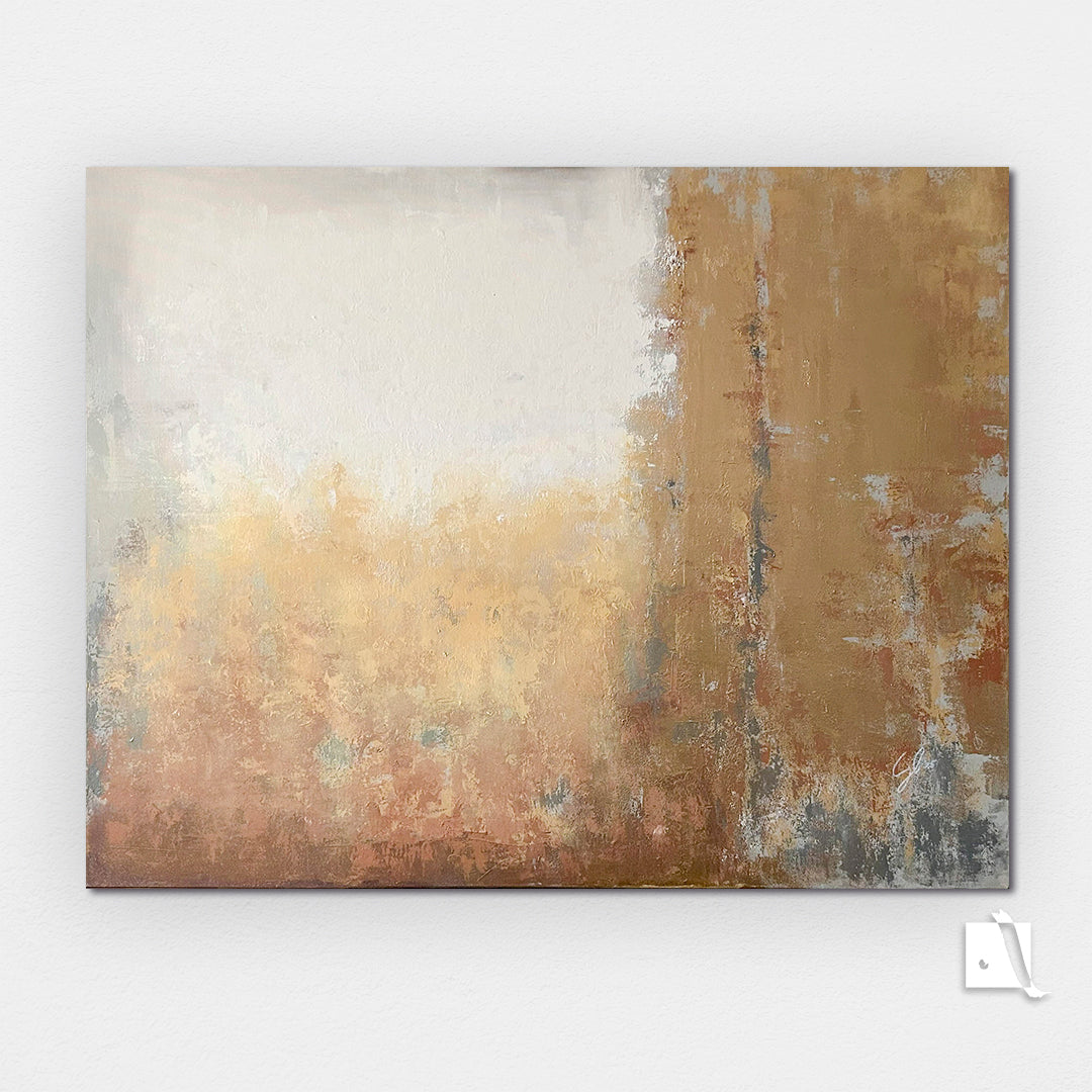 Pictura decorativa abstracta minimalista cu culori calde: metalic auriu, portocaliu si bej