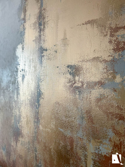 Pictura decorativa abstracta minimalista cu culori calde: metalic auriu, portocaliu si bej