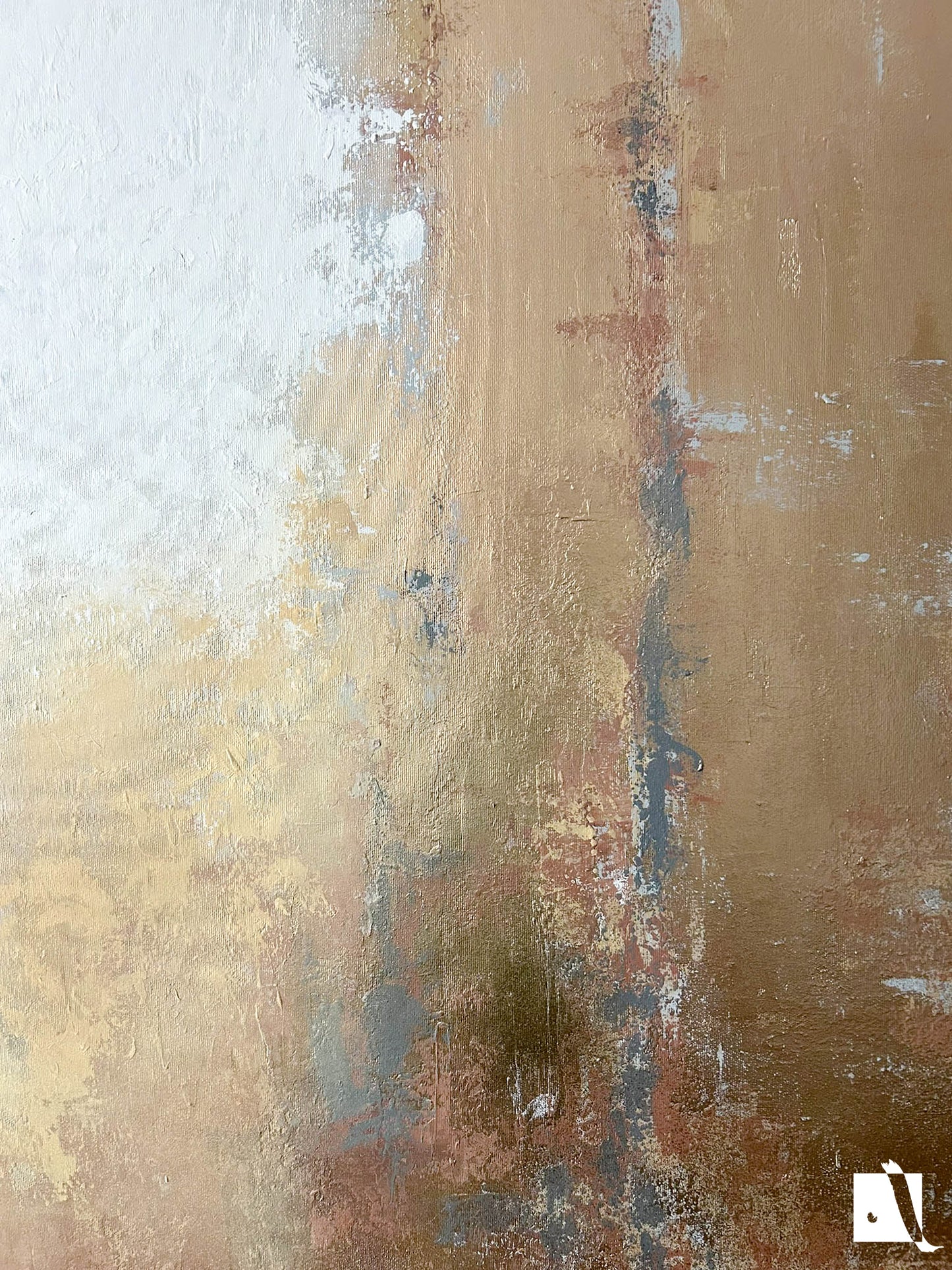 Pictura decorativa abstracta minimalista cu culori calde: metalic auriu, portocaliu si bej