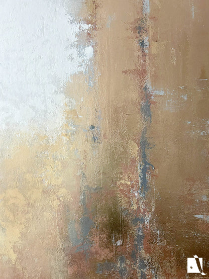 Pictura decorativa abstracta minimalista cu culori calde: metalic auriu, portocaliu si bej