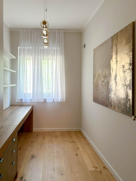 Pictura decorativa abstracta minimalista cu culori calde: metalic auriu, portocaliu si bej