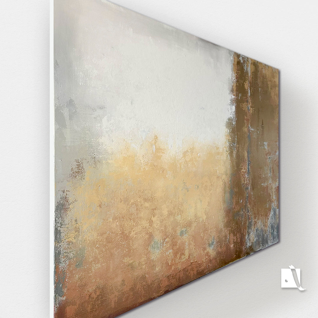 Pictura decorativa abstracta minimalista cu culori calde: metalic auriu, portocaliu si bej