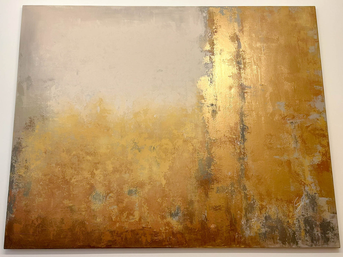 Pictura decorativa abstracta minimalista cu culori calde: metalic auriu, portocaliu si bej