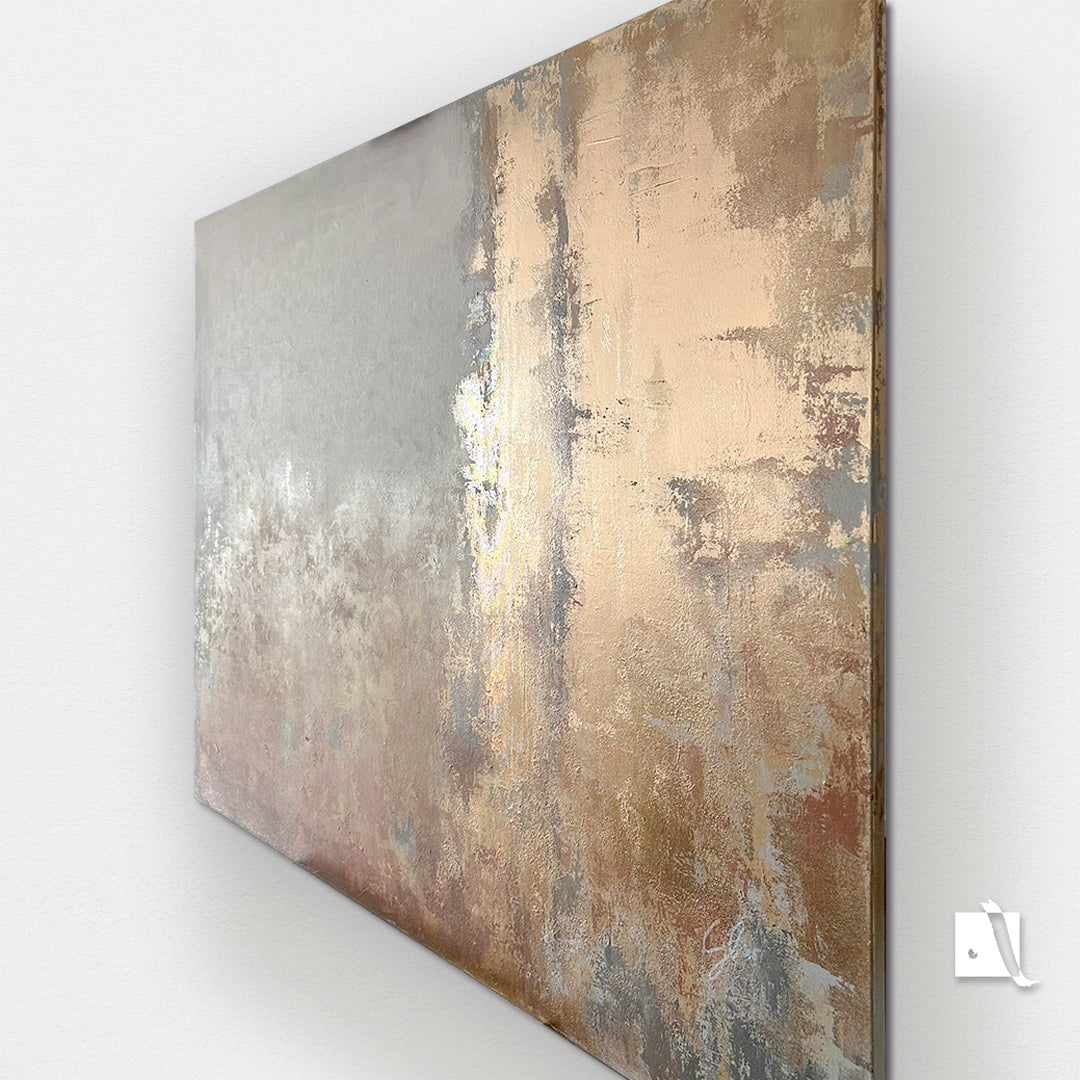 Pictura decorativa abstracta minimalista cu culori calde: metalic auriu, portocaliu si bej