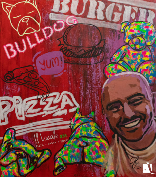 Pictura decorativa abstracta personalizata pe comanda cu fundal rosu si elemente mancare cu bulldog si portret abstractizat