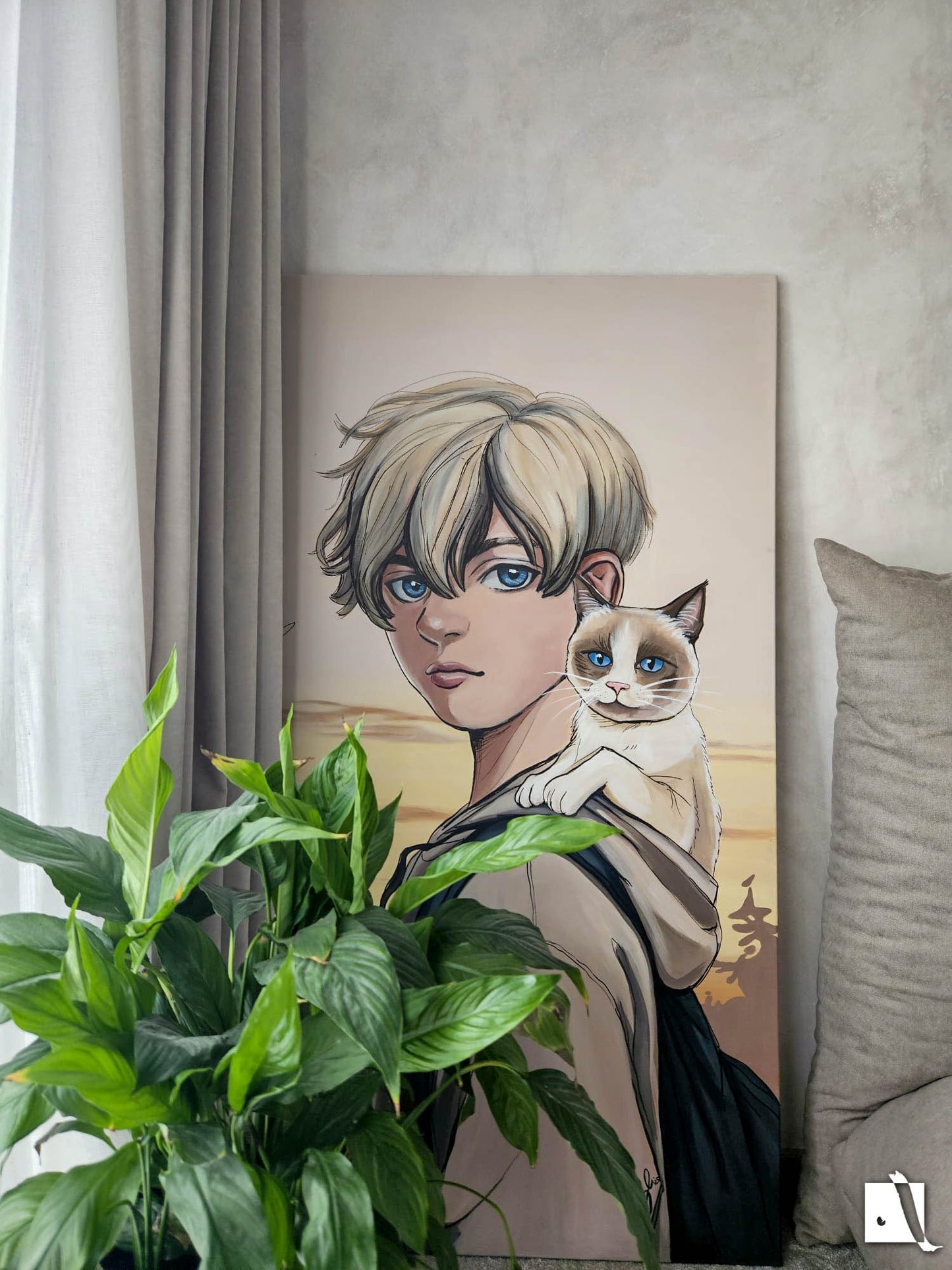 Pictura decorativa in stil realist cu acrilic tip portret animal pisica stil manga 