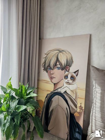 Pictura decorativa in stil realist cu acrilic tip portret animal pisica stil manga 