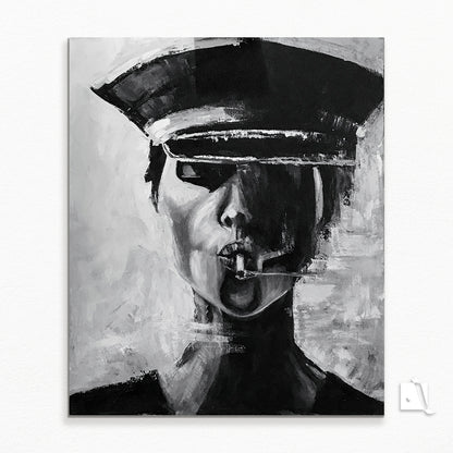 Pictura decorativa figurativa in acrilic, politista cu tigara alb negru