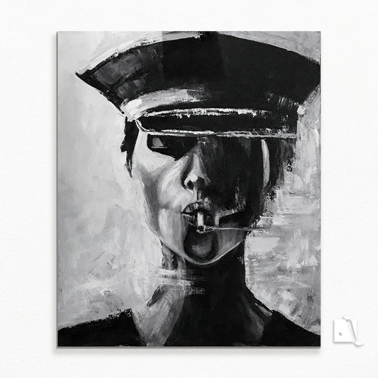 Pictura decorativa figurativa in acrilic, politista cu tigara alb negru