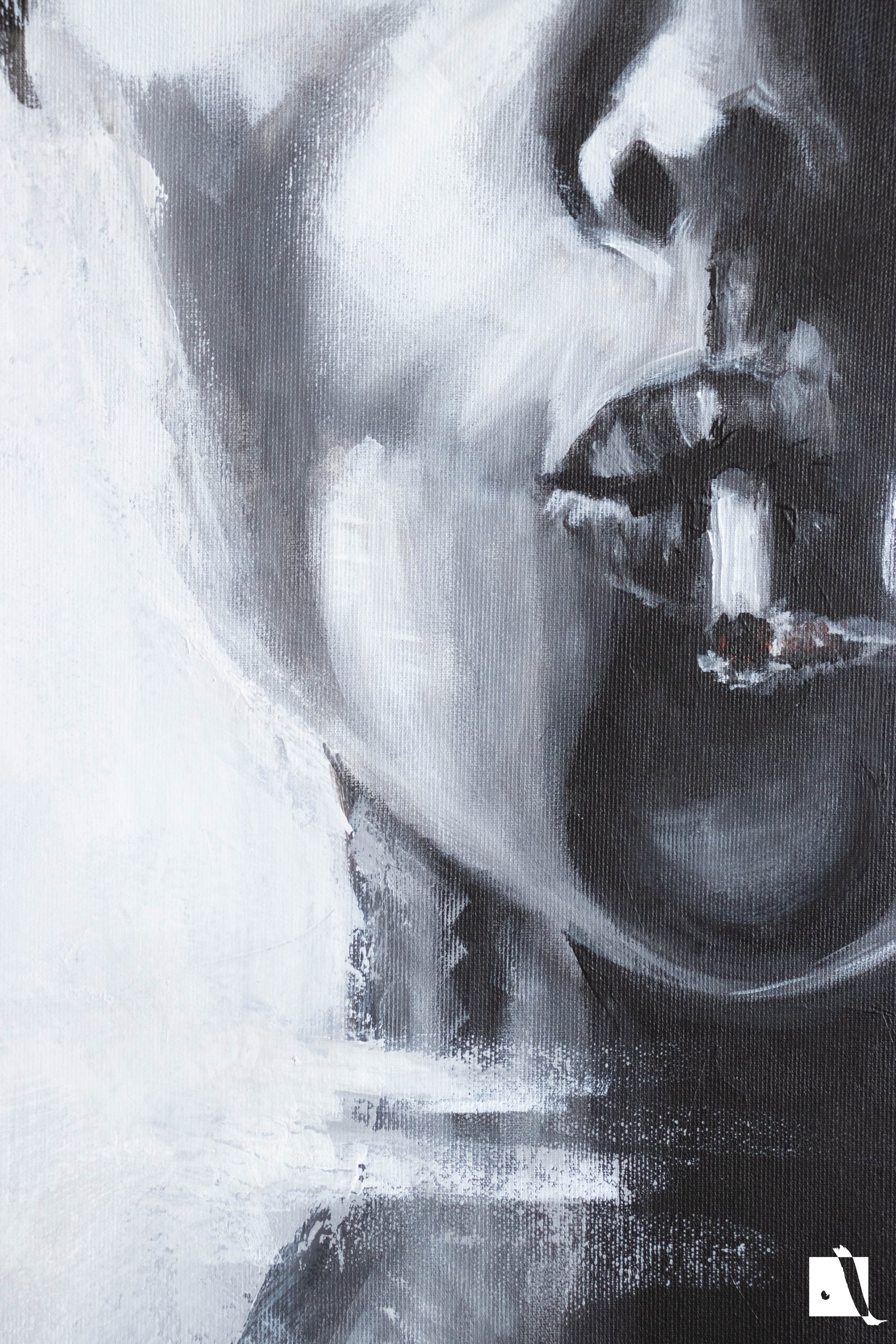 Pictura decorativa figurativa in acrilic, politista cu tigara alb negru