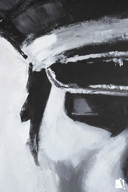 Pictura decorativa figurativa in acrilic, politista cu tigara alb negru