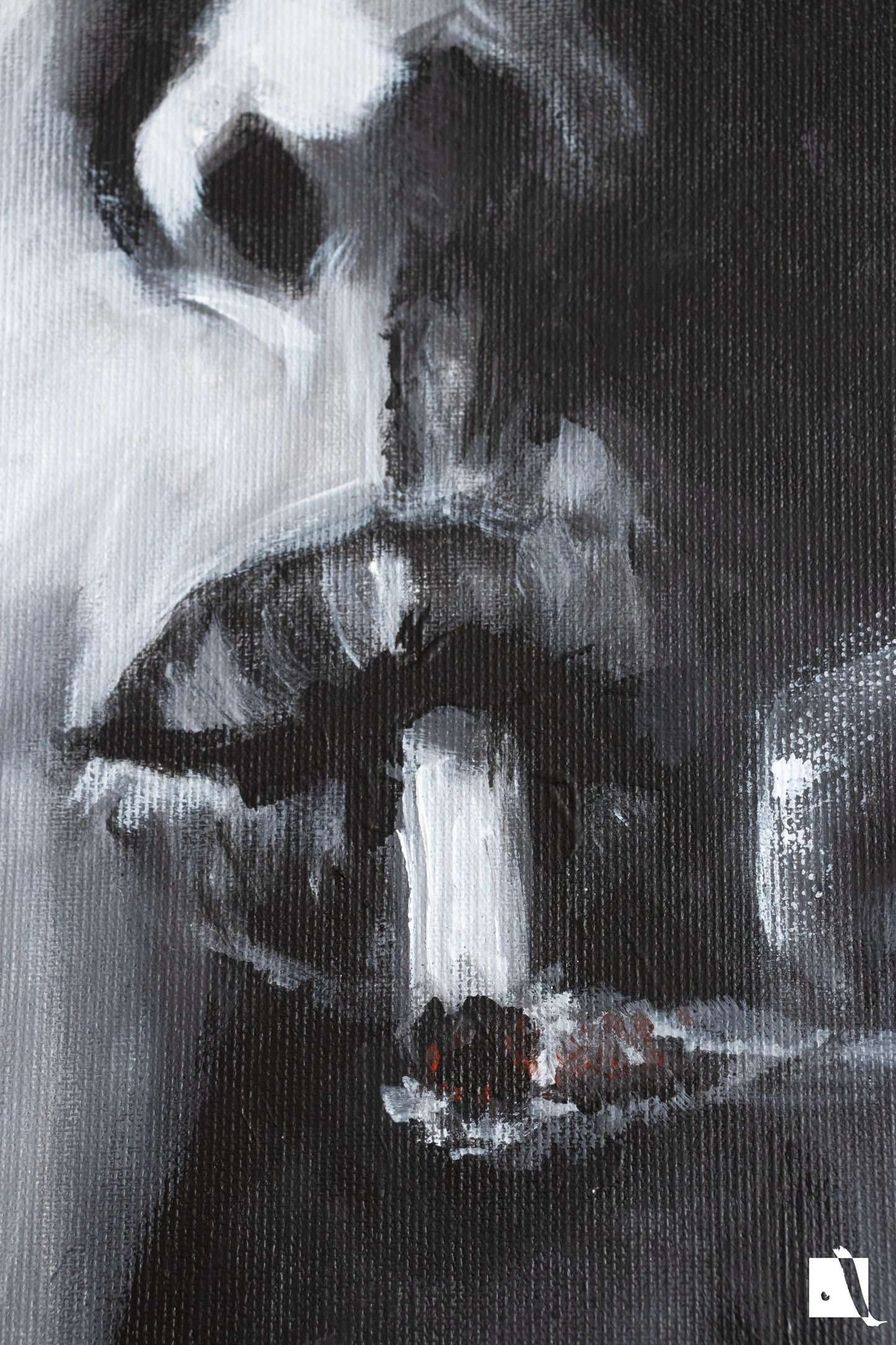 Pictura decorativa figurativa in acrilic, politista cu tigara alb negru