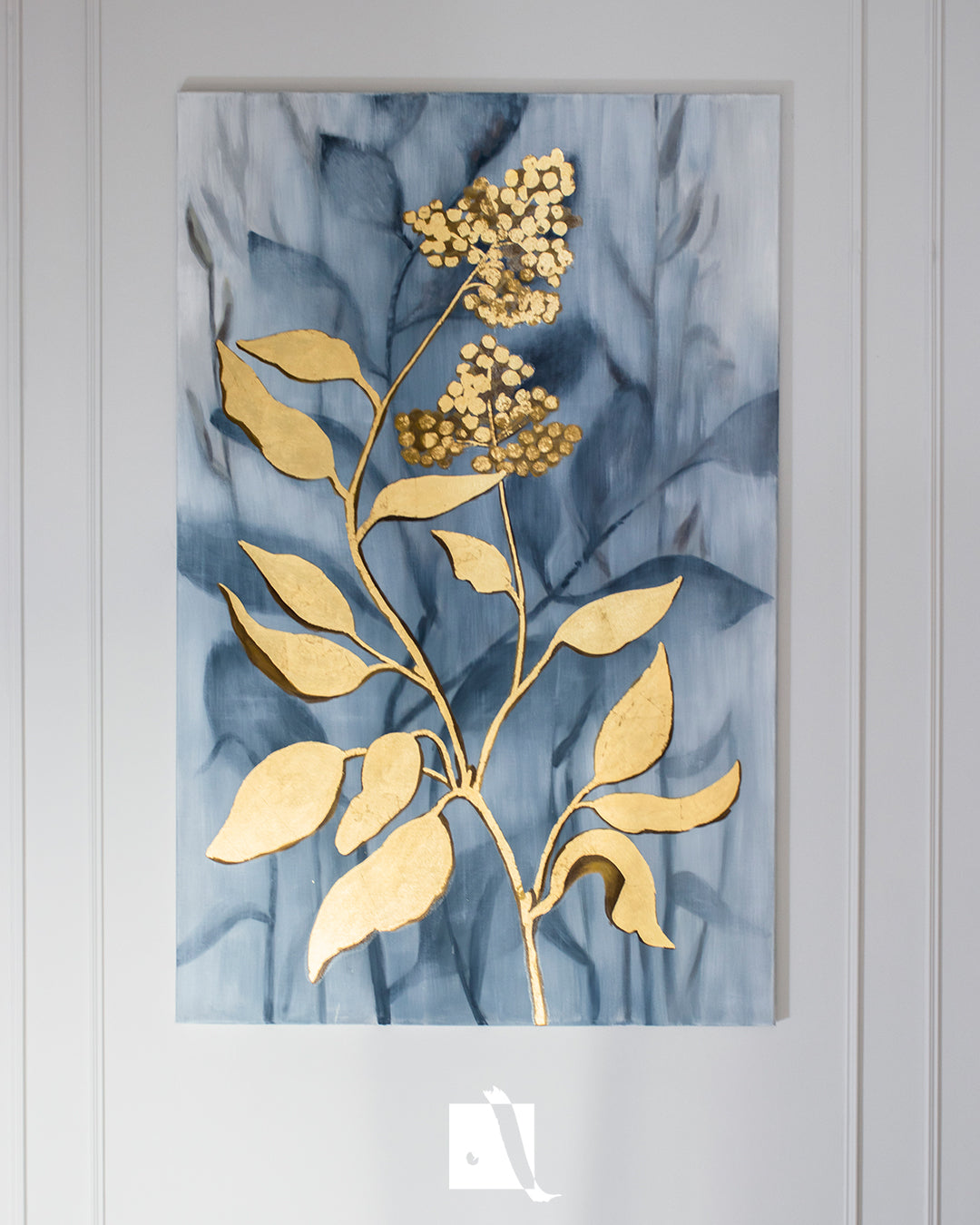 Pictura decorativa realista art-deco cu elemente florale si insertii aurii de foita ed aur