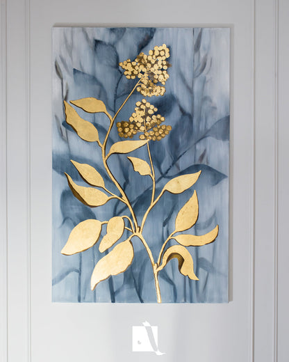 Pictura decorativa realista art-deco cu elemente florale si insertii aurii de foita ed aur