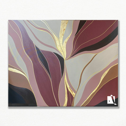 Pictura personalizata decorativa pictata in acrilic manual, abstracta, crem-maro-bordo-negru-fasii aurii-foita de aur