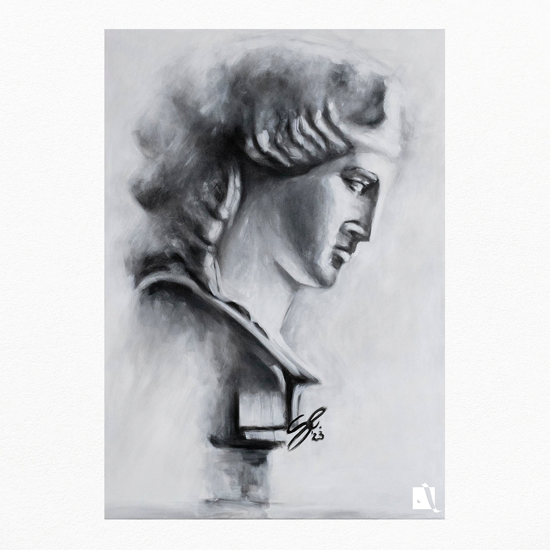 Pictura in acrilic realizat manual in al-negru portret realistic al unui caracter mitologic: printesa Aria. 