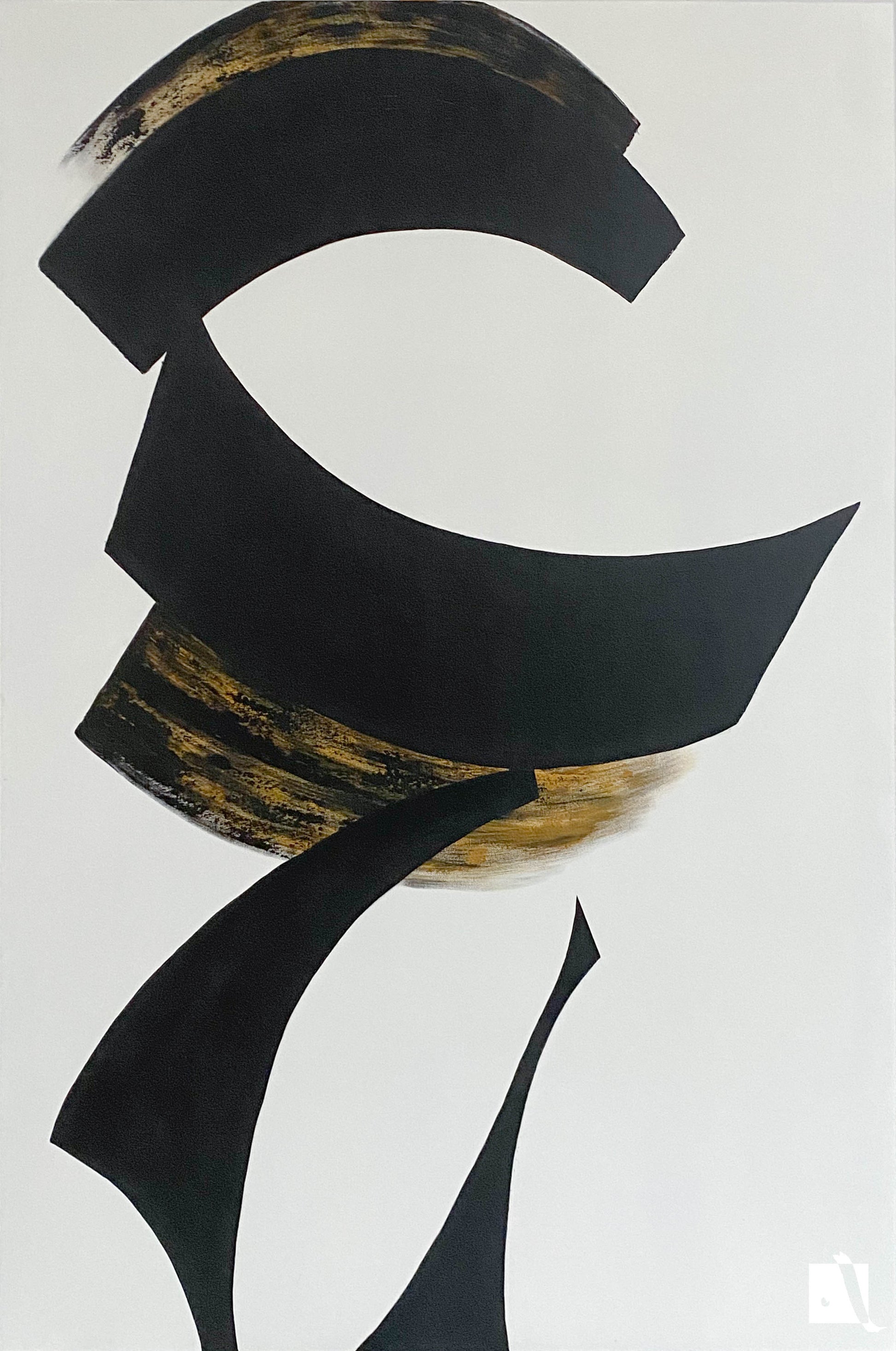 Pictura mare decorativa abstracta minimalista alb negru si auriu