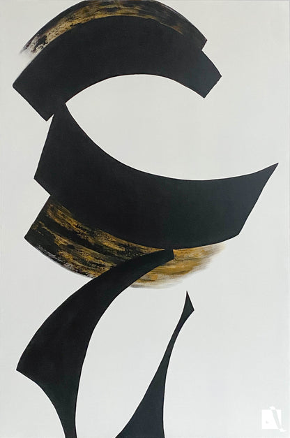 Pictura mare decorativa abstracta minimalista alb negru si auriu