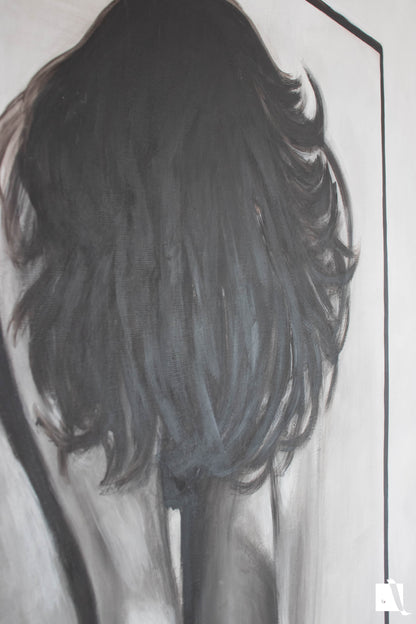 Pictura  minimalista cu figura femeie realistica ciorapi sexy si par lasat