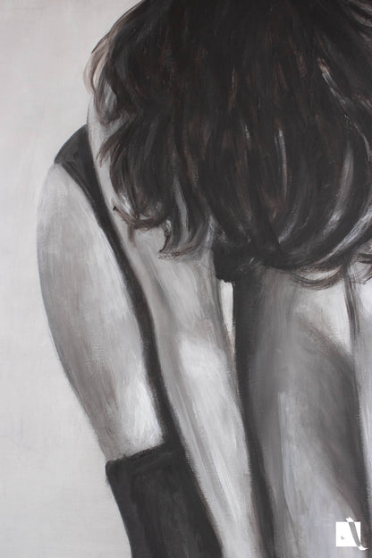 Pictura  minimalista cu figura femeie realistica ciorapi sexy si par lasat