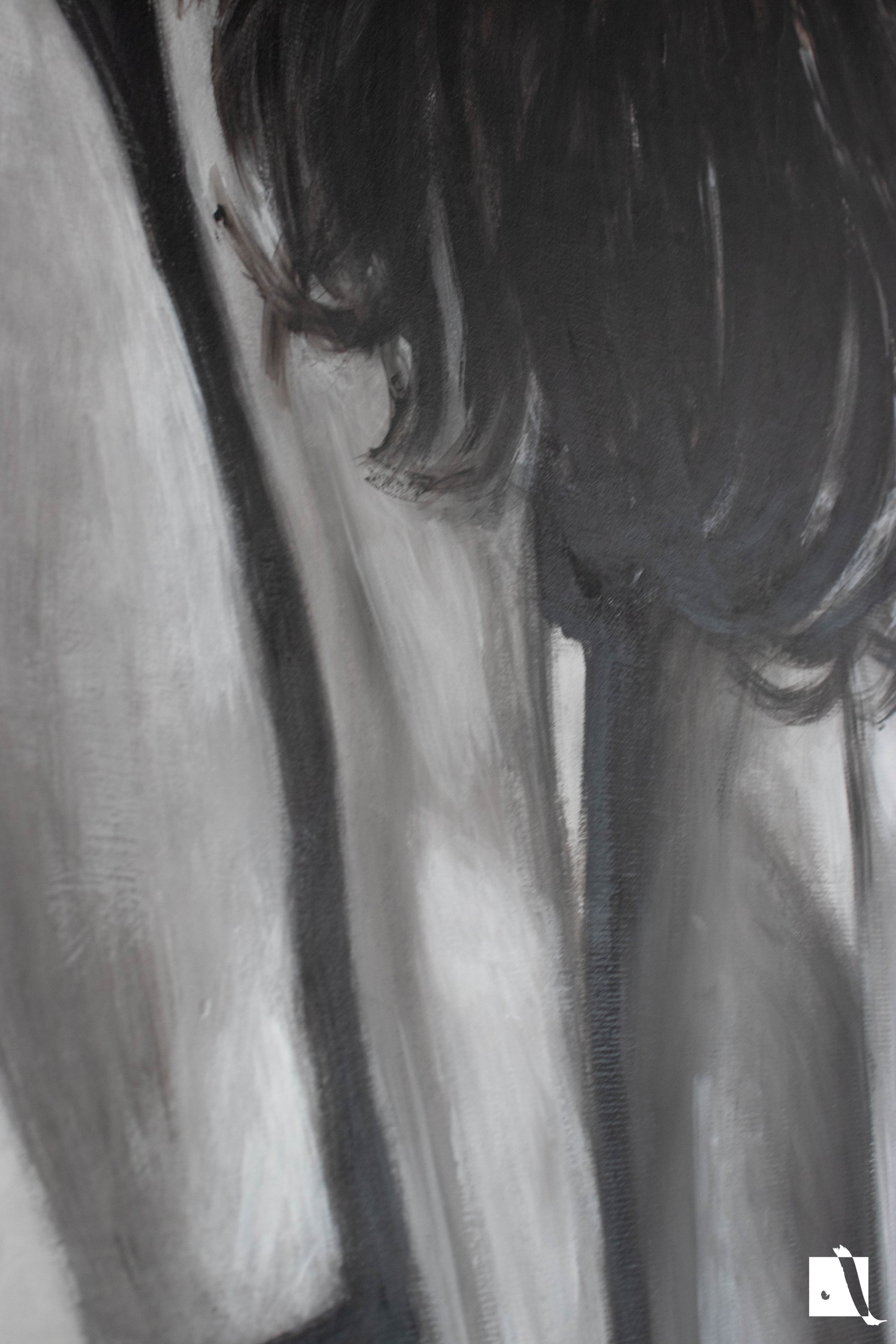 Pictura  minimalista cu figura femeie realistica ciorapi sexy si par lasat