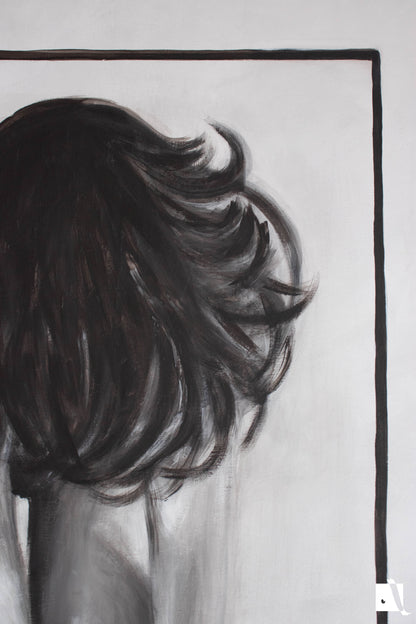 Pictura  minimalista cu figura femeie realistica ciorapi sexy si par lasat