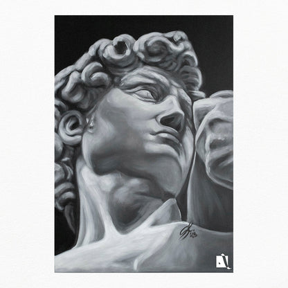 Pictura realizata manual alb-negru portret realist dupa personaj biblic david dupa sculptura lui Michelangelo