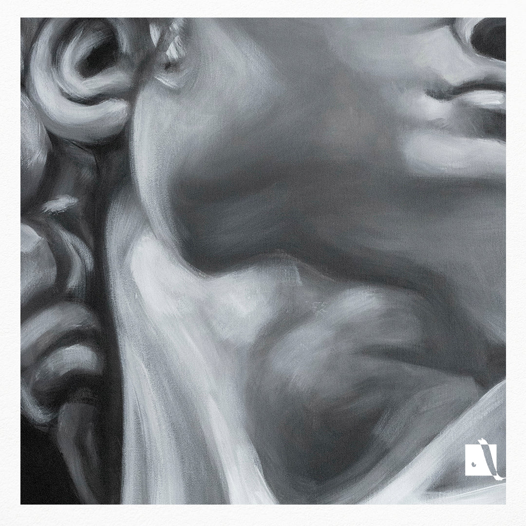 Pictura realizata manual alb-negru portret realist dupa personaj biblic david dupa sculptura lui Michelangelo