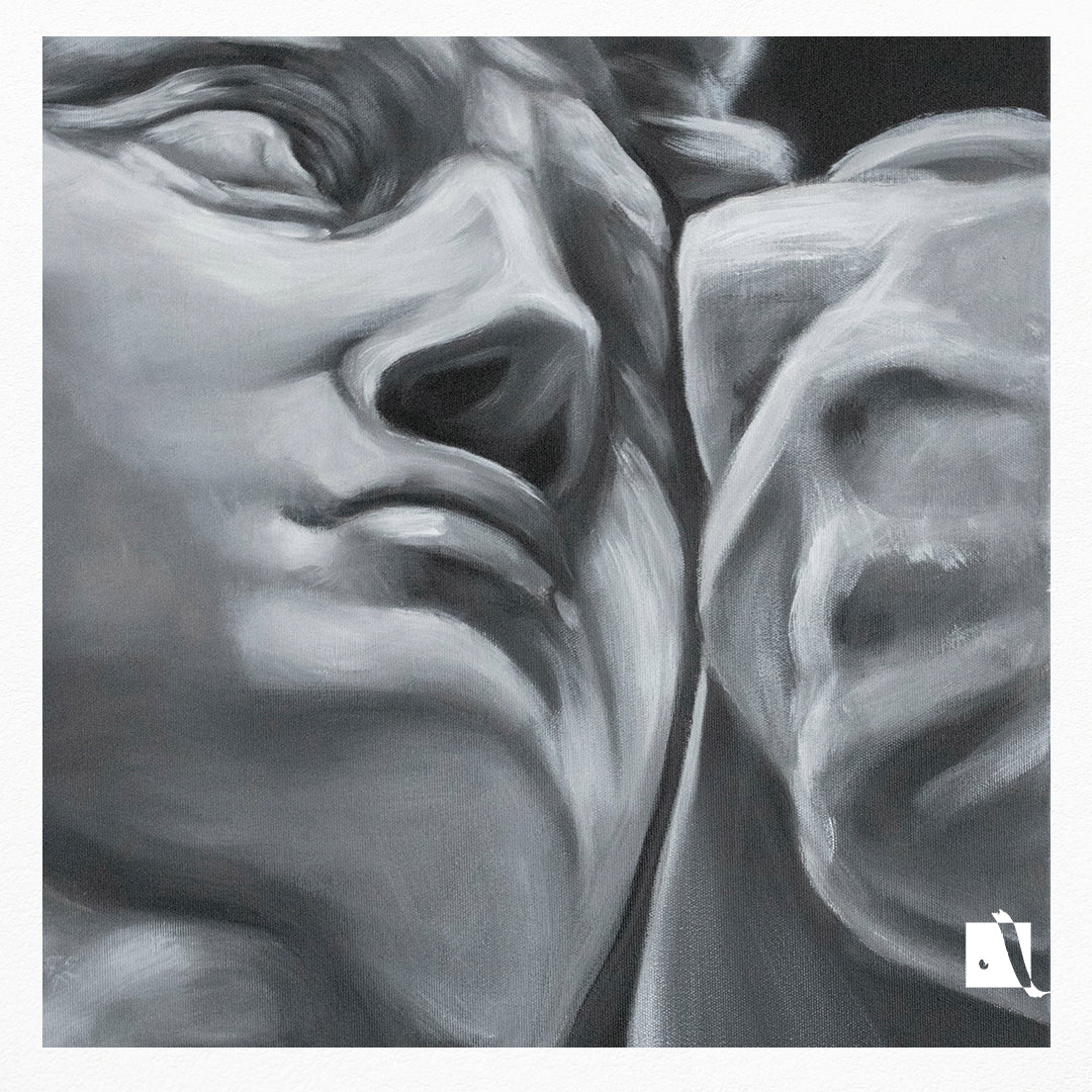 Pictura realizata manual alb-negru portret realist dupa personaj biblic david dupa sculptura lui Michelangelo detaliu 