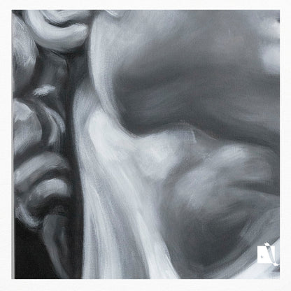 Pictura realizata manual alb-negru portret realist dupa personaj biblic david dupa sculptura lui Michelangelo 