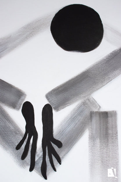 Pictura realizata manual in acrilic cu fundal alb si figura abstractizata 