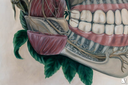 Pictura surrealista structura anatomica schelet cu trandafiri detaliu 
