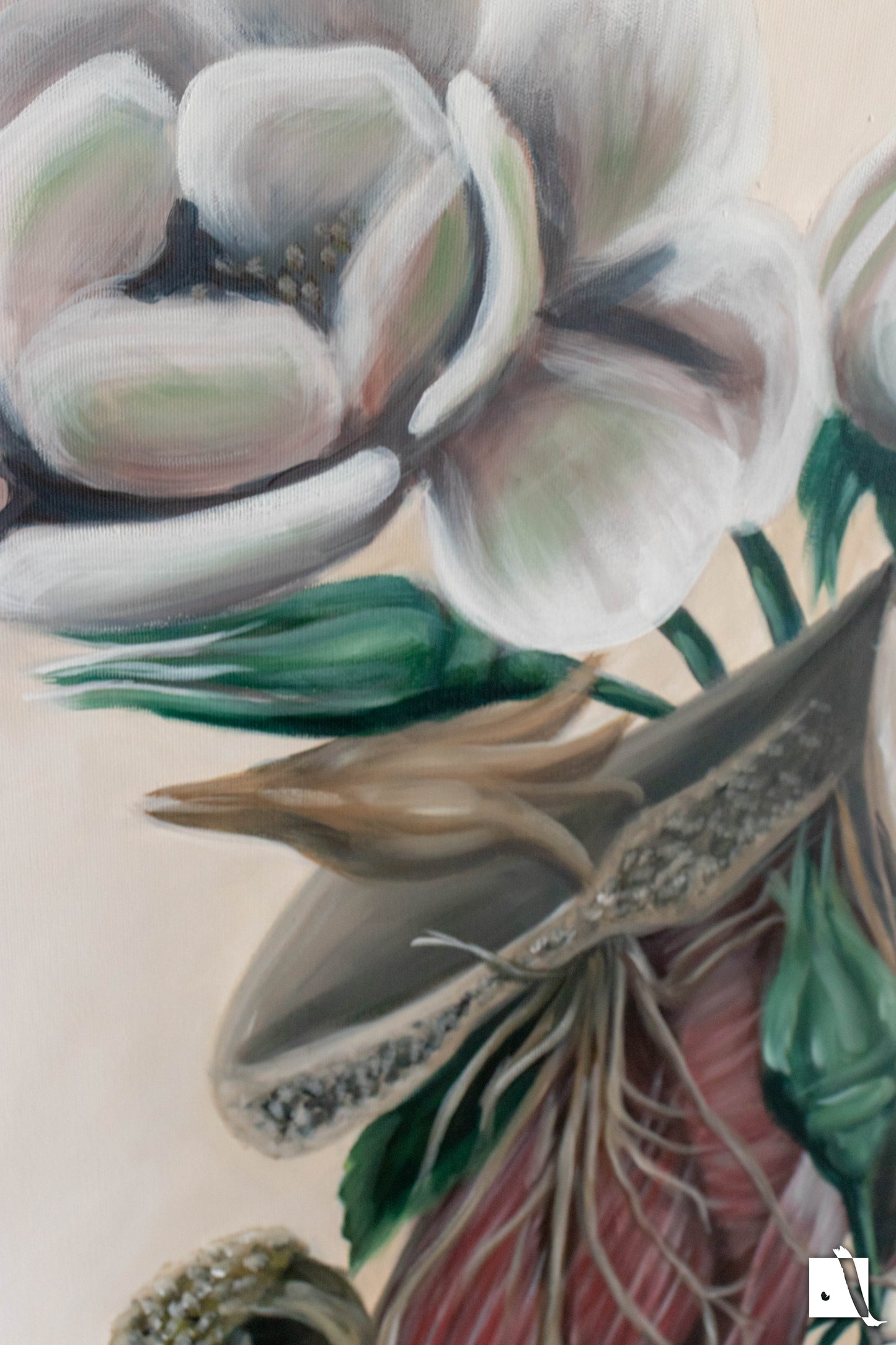 Pictura surrealista structura anatomica schelet cu trandafiri detaliu 