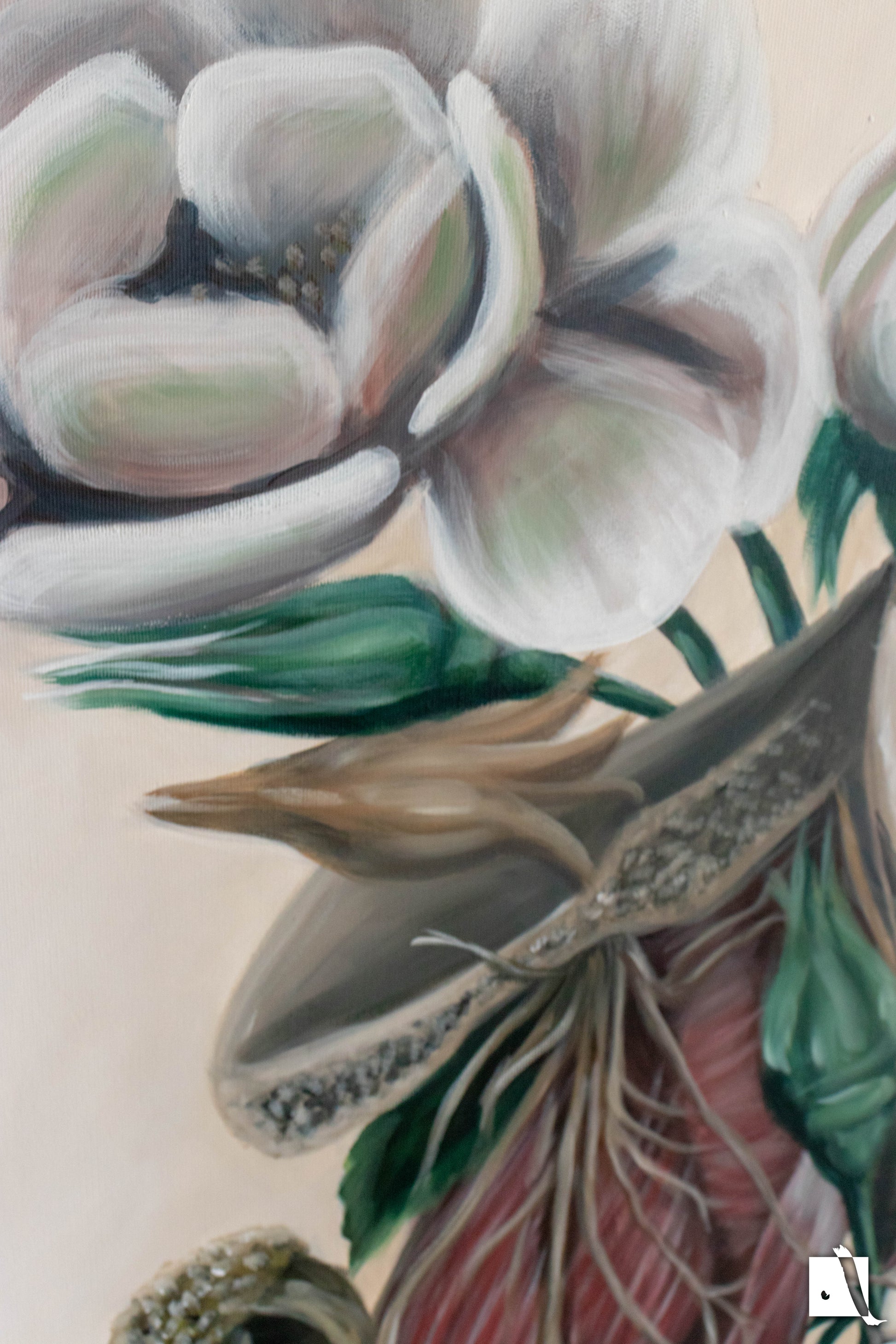 Pictura surrealista structura anatomica schelet cu trandafiri detaliu 