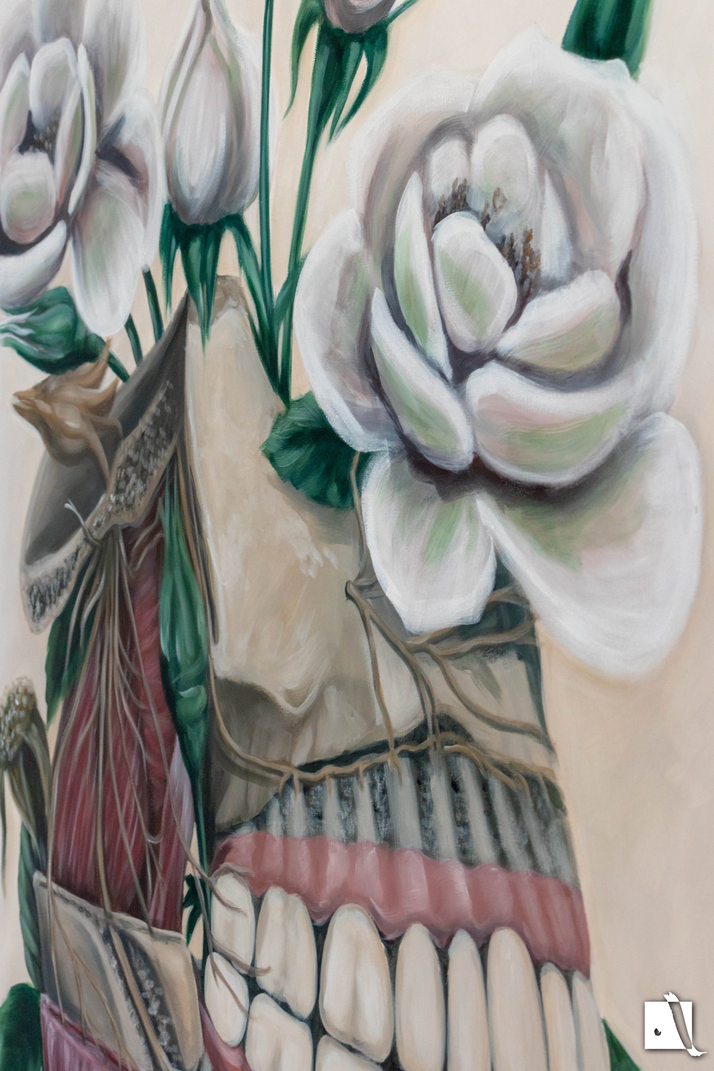 Pictura surrealista structura anatomica schelet cu trandafiri detaliu 