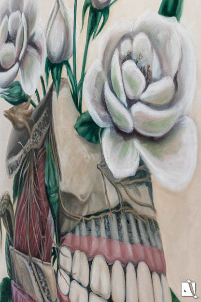 Pictura surrealista structura anatomica schelet cu trandafiri detaliu 
