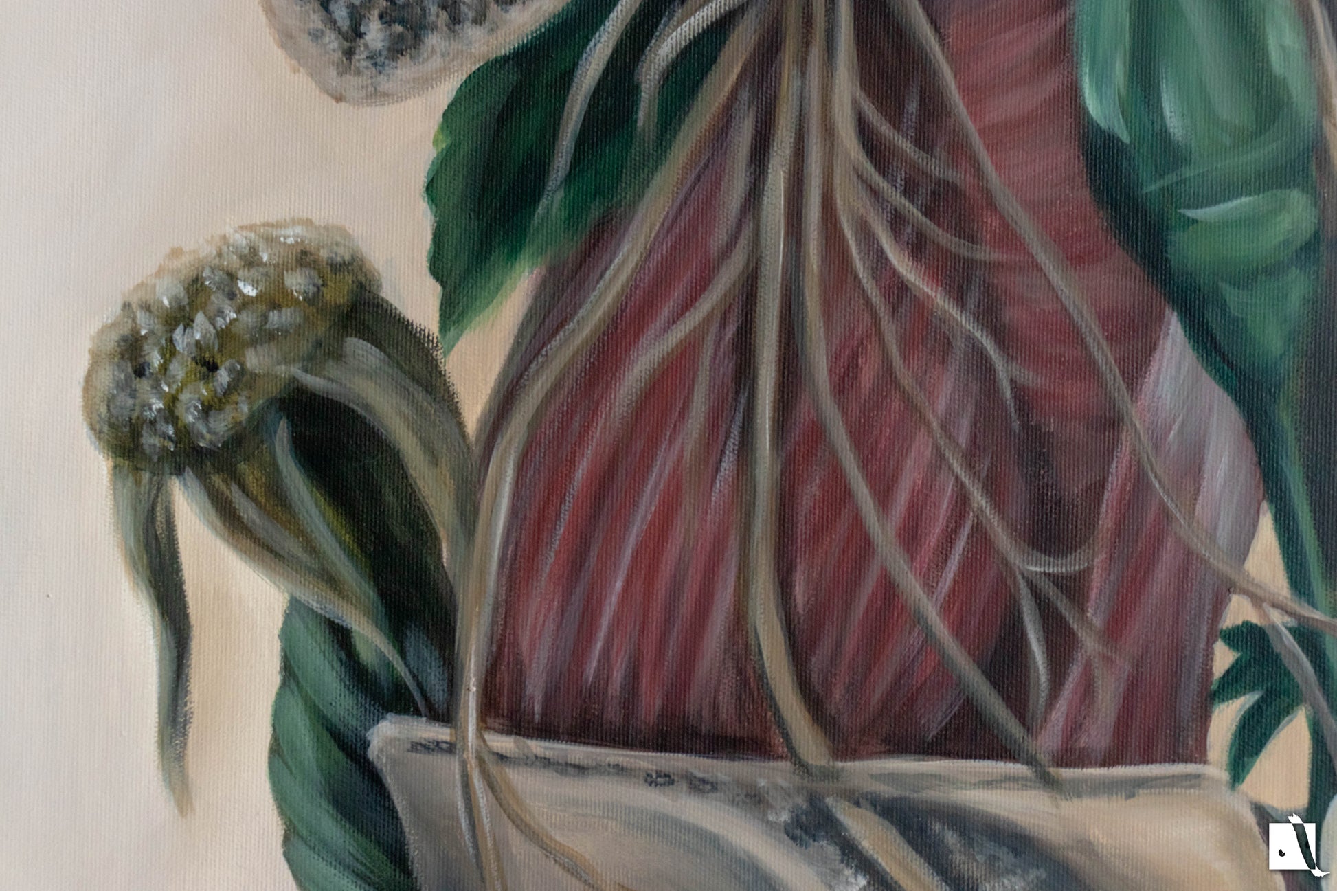 Pictura surrealista structura anatomica schelet cu trandafiri detaliu 