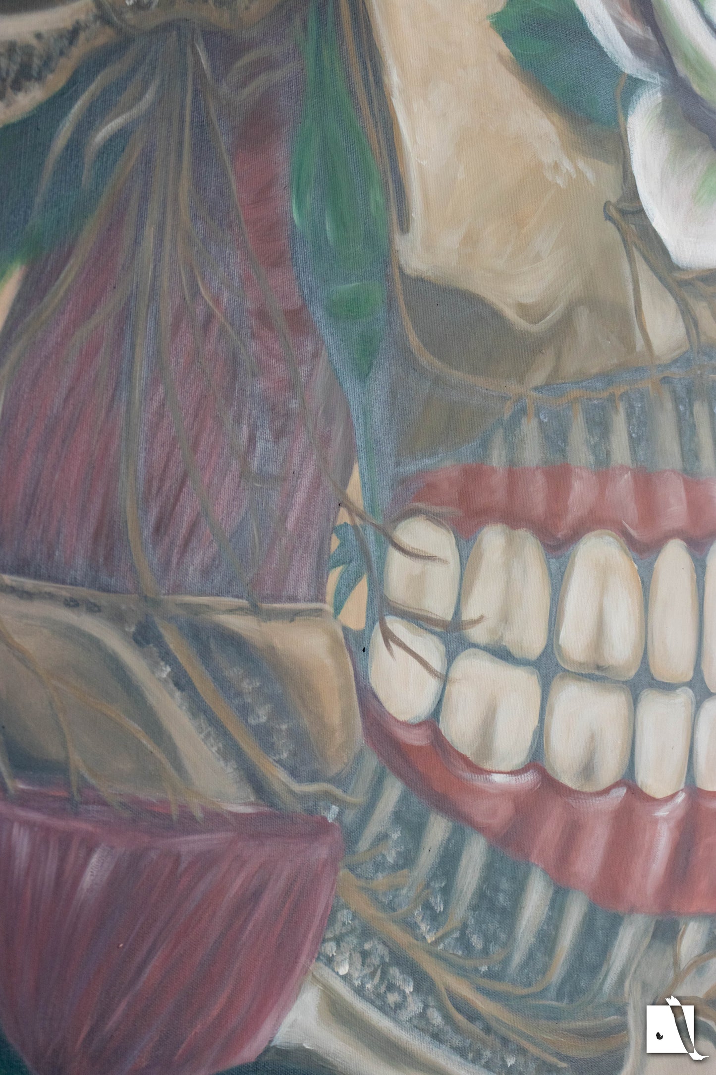 Pictura surrealista structura anatomica schelet cu trandafiri detaliu 