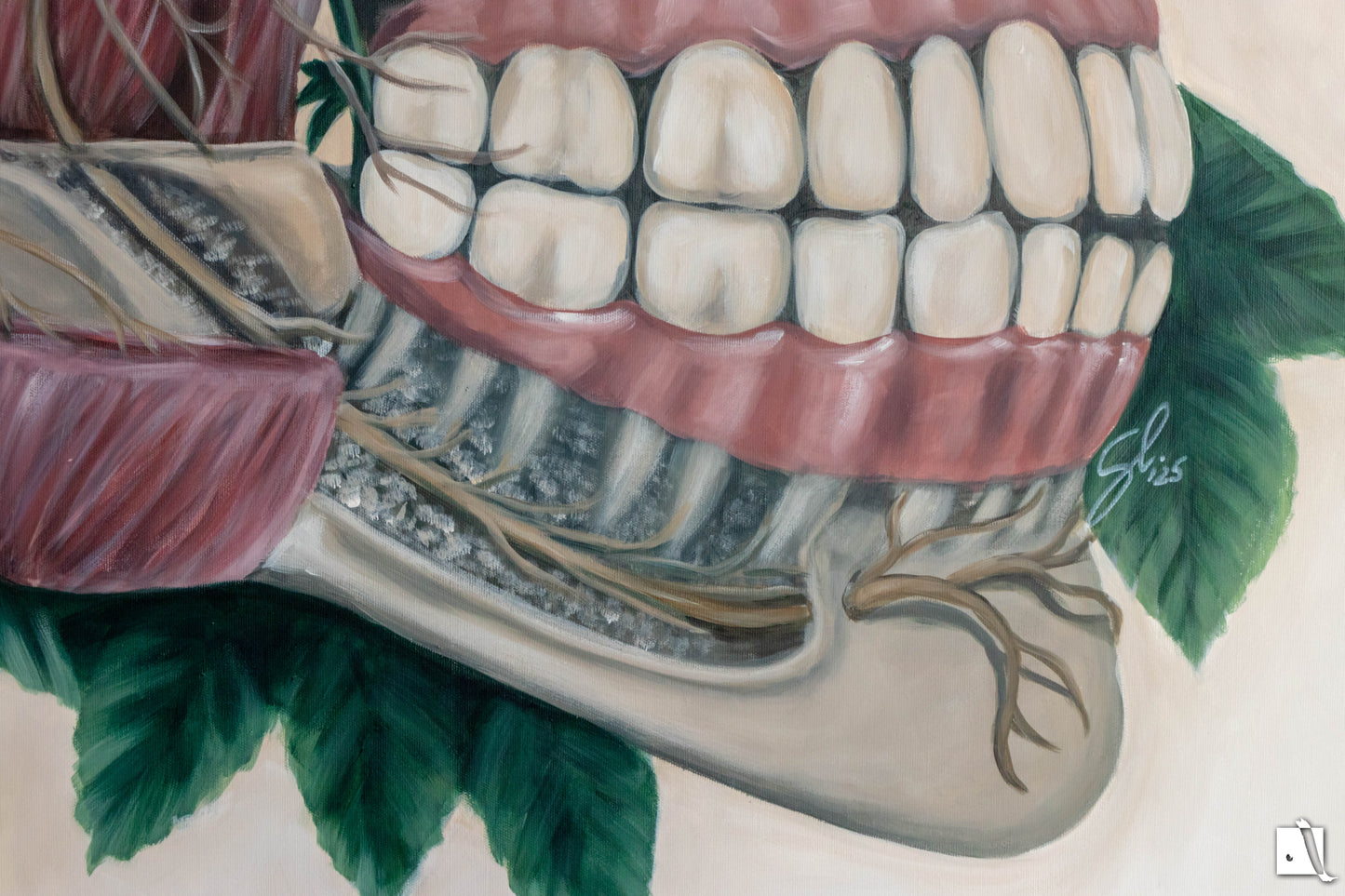 Pictura surrealista structura anatomica schelet cu trandafiri detaliu 