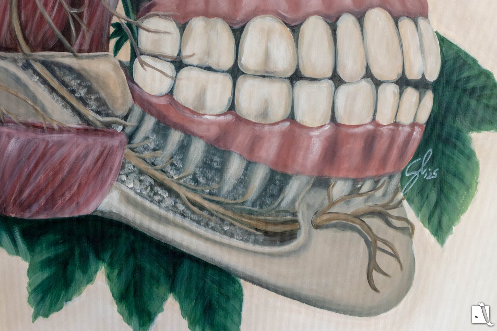 Pictura surrealista structura anatomica schelet cu trandafiri detaliu 