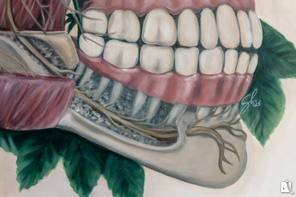 Pictura surrealista structura anatomica schelet cu trandafiri detaliu 
