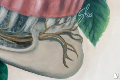 Pictura surrealista structura anatomica schelet cu trandafiri detaliu 
